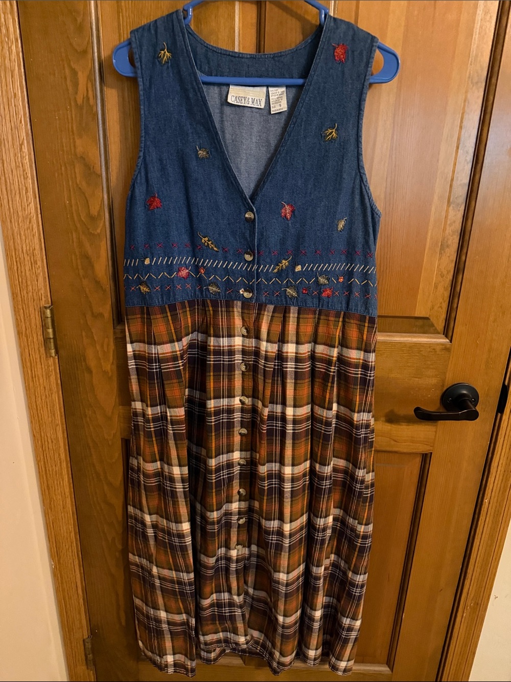 Vintage 90s Casey & Max Denim Plaid Embroidered Leaves Maxi Dress Size S